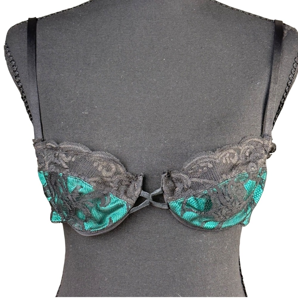 Victoria's Secret Vintage Gold Label Lace Bra Emerald Green Black 34A Y2K Boho